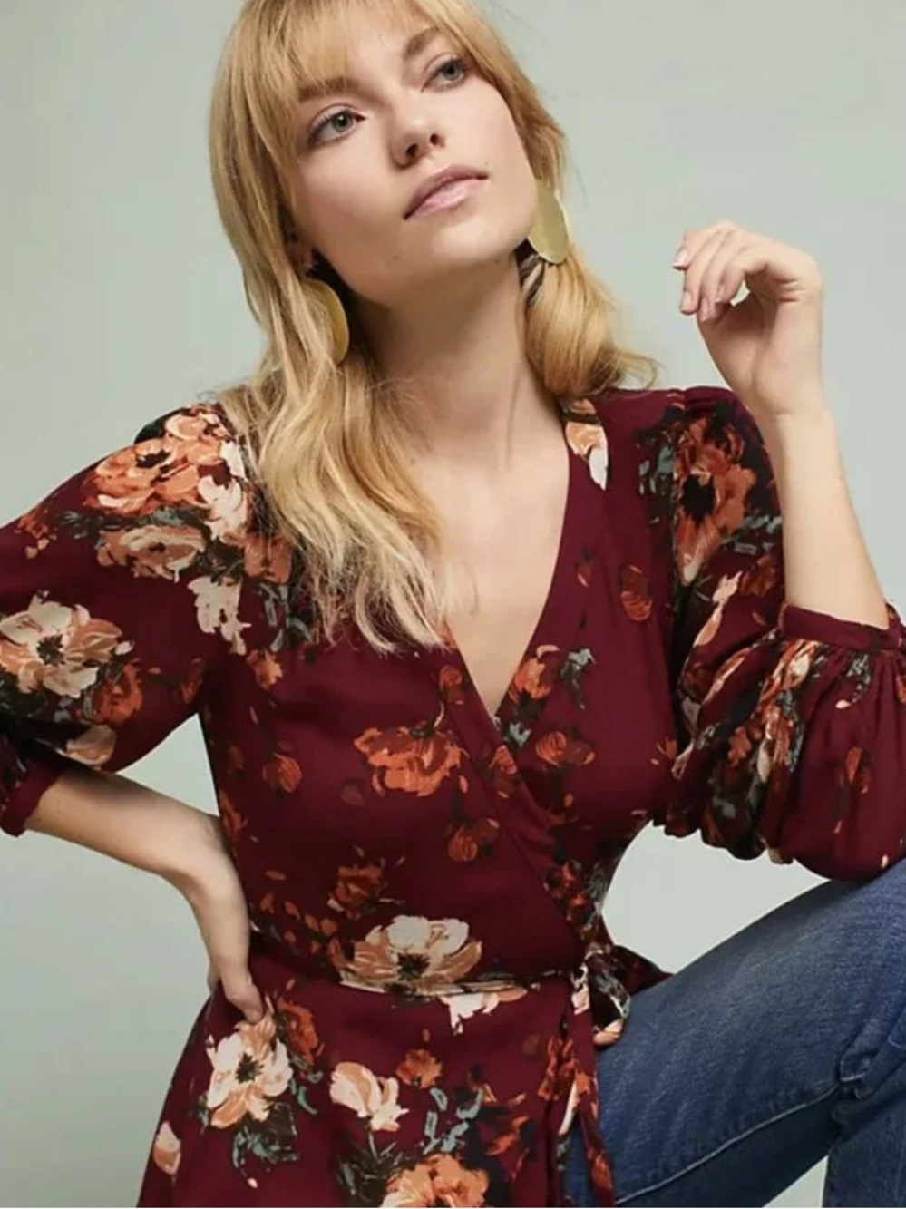 Anthropologie HD In Paris Floral Wrap Top Burgundy Peplum Blouse Size 4
